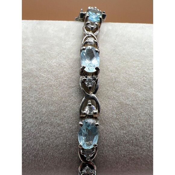 925 Sterling Silver Blue Topaz & Cubic Zirconia Bracelet.  B46 - Picture 5 of 14